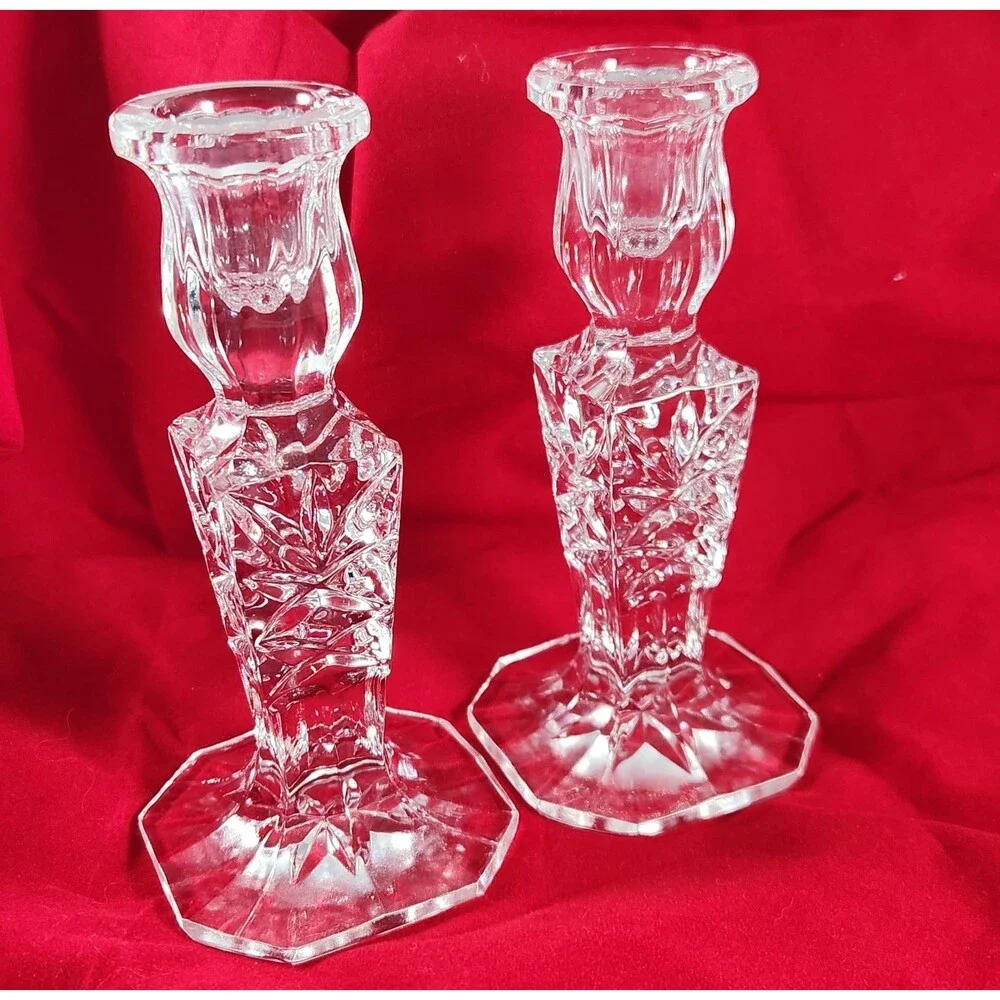 Vintage Cut Lead Crystal Candle Stick Holders Star Pattern 6”